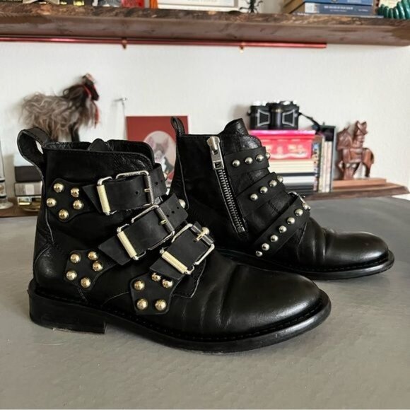 Zadig & Voltaire Laureen Buckled Studded Moto Ankle Boots - Picture 1 of 12